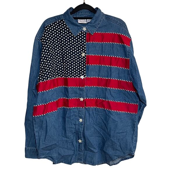 Carolina Blues Tops - Vintage American Flag Stars Stripes Denim Shirt Red White Blue Large‎ USA July 4
